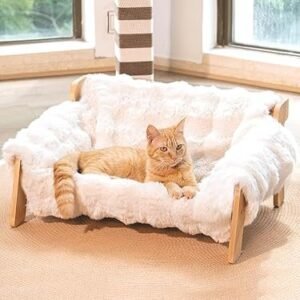Raised Cat Bed, Elevated Wooden Cats Sofa Fluffy Pets Lounge Chair